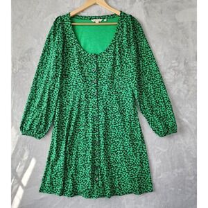 Boden Dress Womens Size 8 Medium Green Bee Tulip Print Pockets Cotton Tencel